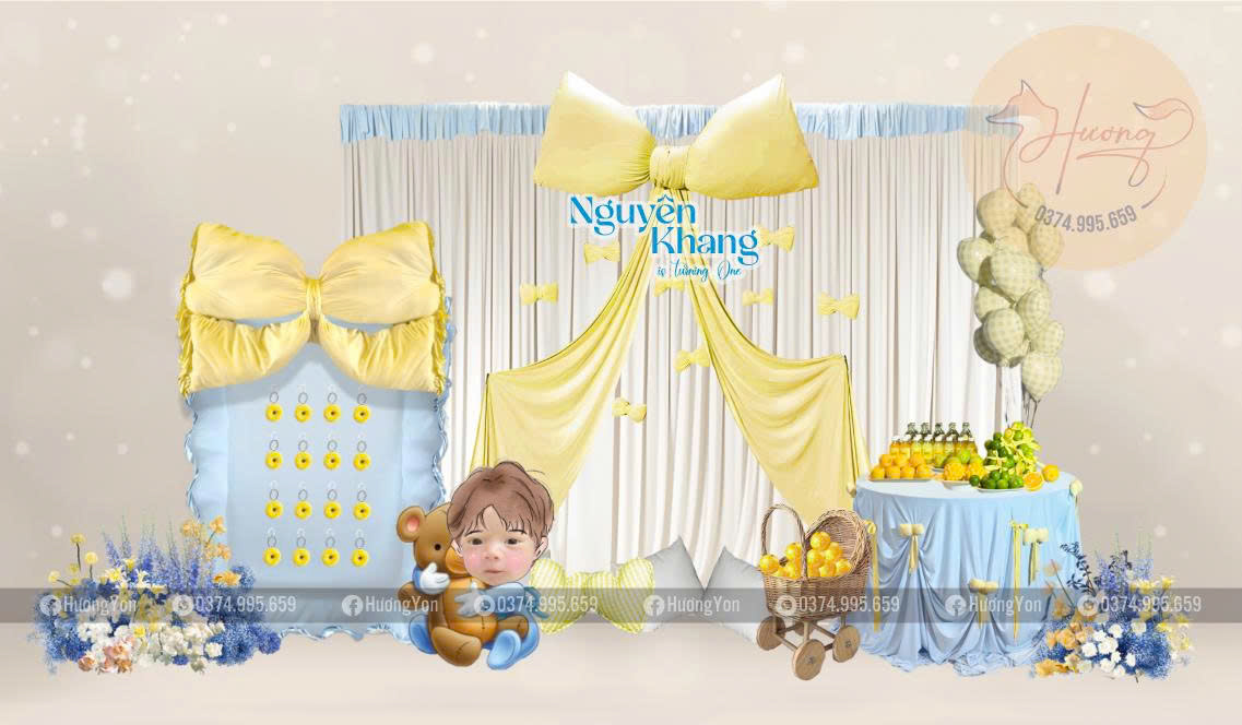 mẫu sinh nhật rèm vàng xanh nơ cho bé trai