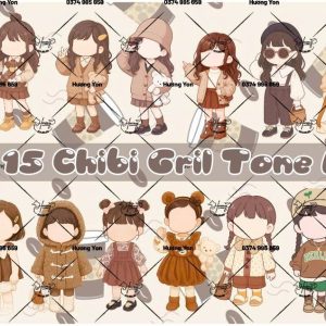 sét 15 chibi girl tone nâu