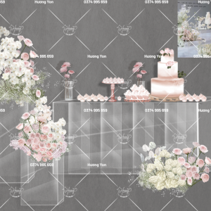 mô tả sẵn bàn tiệc bánh tone hồng trong suốt