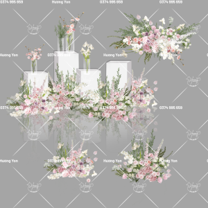 sét hoa decor cụm hoa và lọ hoa tone hồng