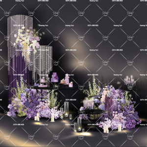 phối cảnh rèm pha lê mix hoa tím