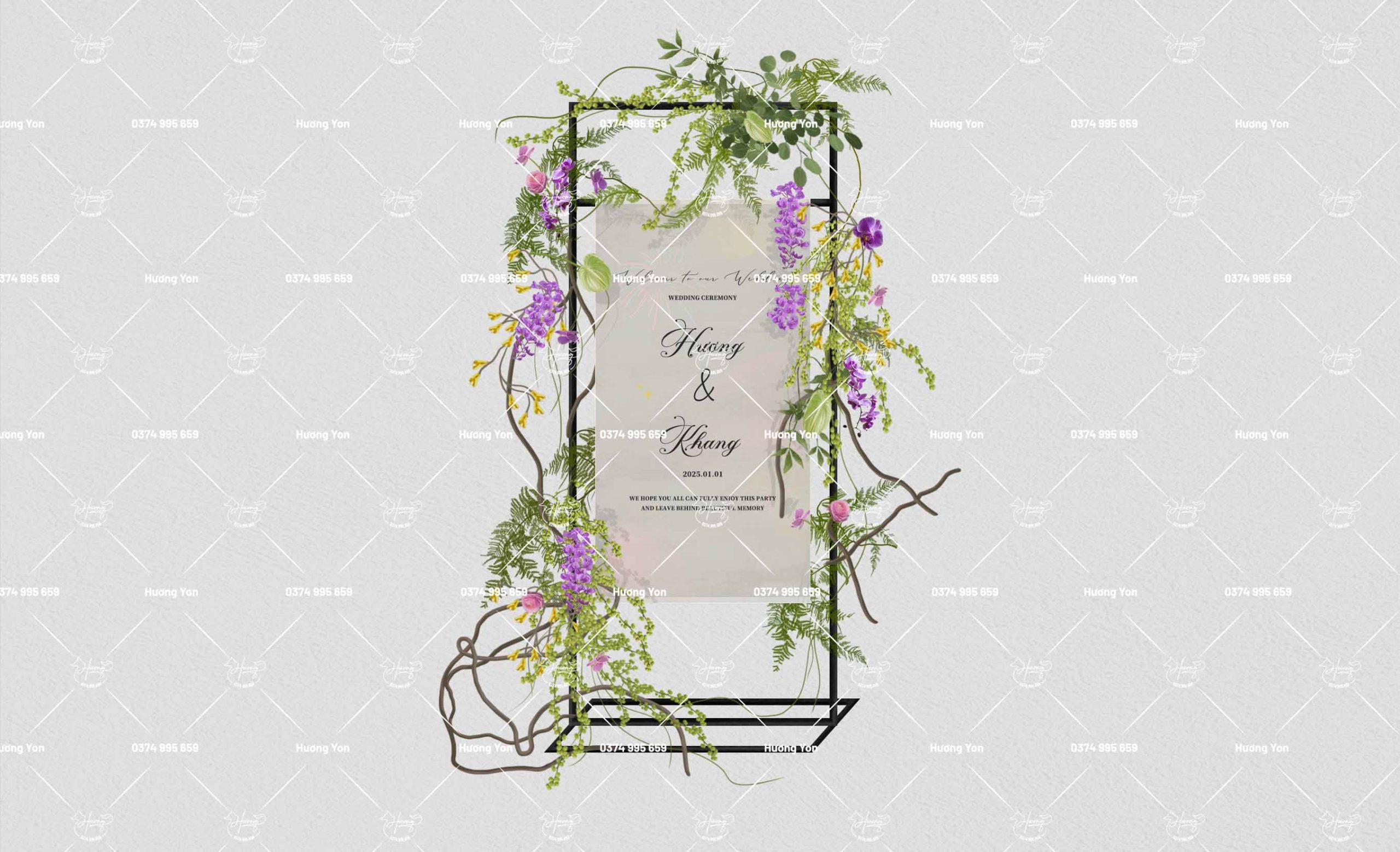 bảng welcome dây leo điểm hoa tím