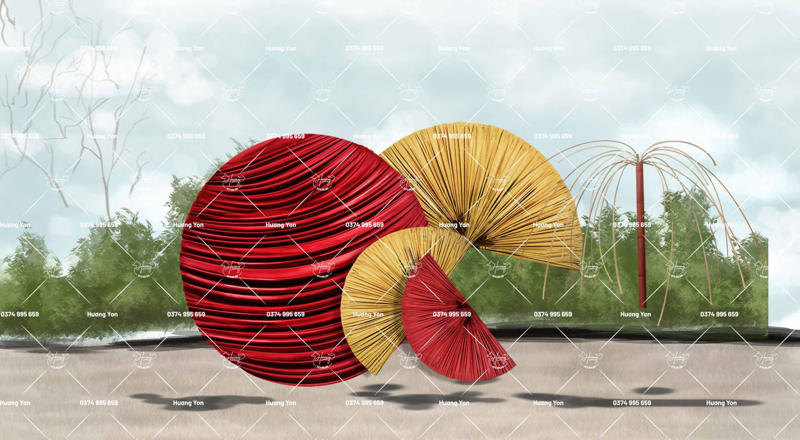 quạt vải đỏ vàng gold